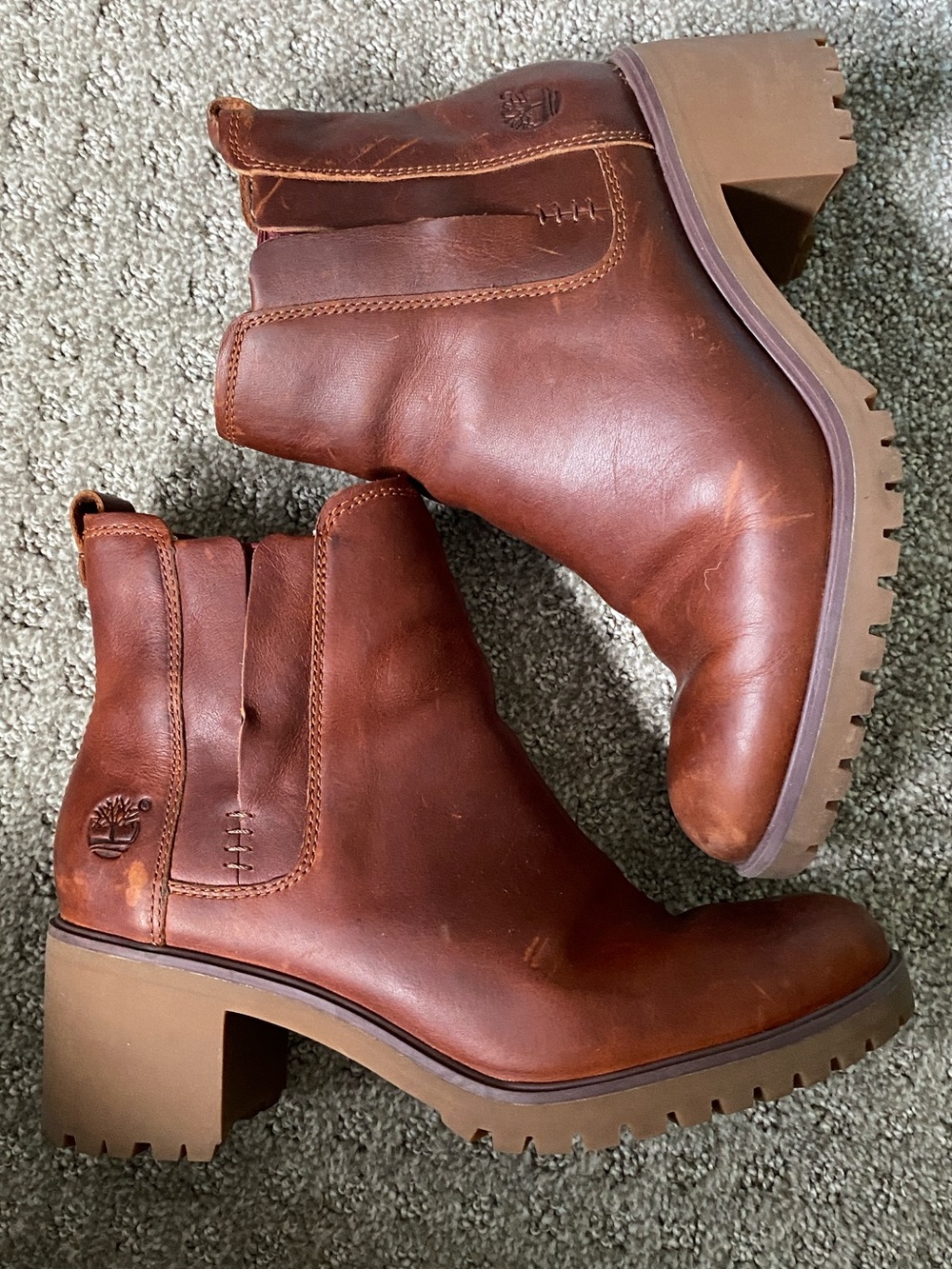 Timberland Women's Chestnut Brown Leather Chelsea Block Heel Booties